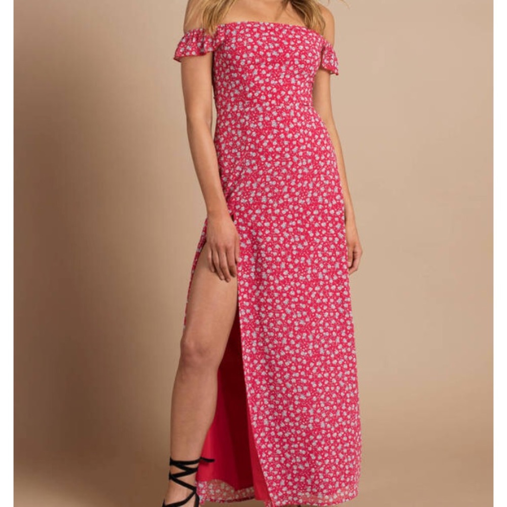 Tobi red multi floral off the shoulder maxi dress